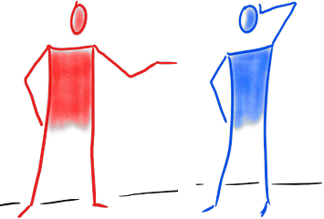 Der Mentalist und der Agilist, rot und blau gezeichnet